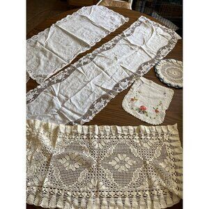 Set of six embroidered crocheted table scarfs and doily